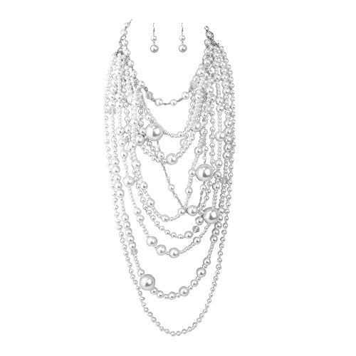 Multilayer Strand Chain Faux Pearls Flapper Beads Cluster Long Choker Necklace - color: Silver White Necklace+Pierced Earrings
