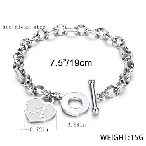 Initial Heart Charm Bracelets for Women 14K gold/Silver Tone Stainless Steel OT Clasp Heart A-Z Letter Name Bangle Bracelet Gifts - color: L