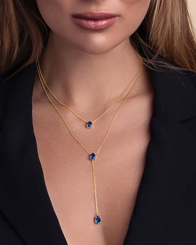 SNGIA Long 18K Gold Plated Blue Green Red Layered Pendant Necklace For Women (Emerald, Ruby, Seafoam, Sky, Sapphire, Pink), Dainty Birthstone Necklace, Statement Necklace Jewelry Gifts. - style: Sapphire