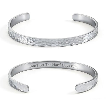 Inspirational Bible Verse Cuff Bracelet for Women, 18K Gold Plated Hammered Bangle, Christian Faith Jewelry Gift, Adjustable Non Tarnish - color: DON'T LET THE HARD DAYS WIN-Silver
