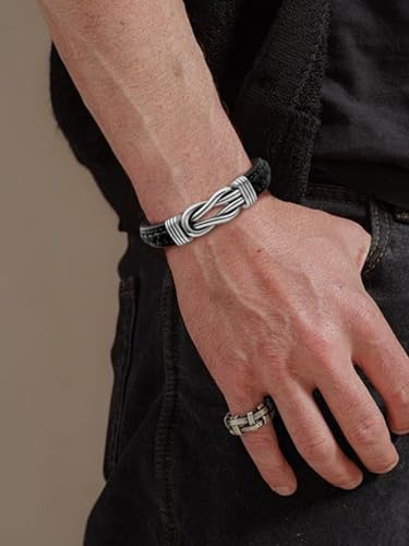 Mens Black Braided Leather Bracelet, Green/Red/Brown/Black Braided Leather Infinity Knot Bracelets for Men with Stainless Steel Clasp, 7.5/8.5/9in Length - color: 01-Black