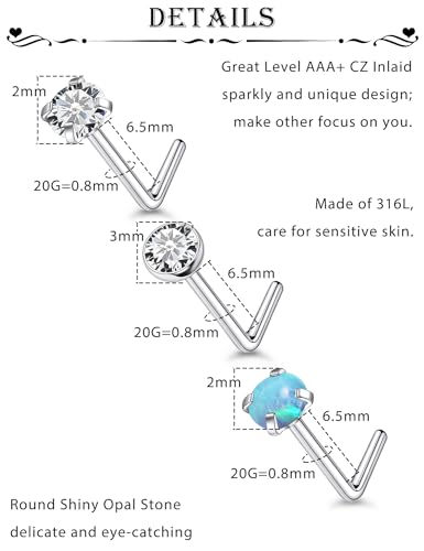 6 Pcs 18G 20G Surgical Steel Nose Rings Studs for Women Opal Nose Rings Diamond CZ Nose Studs L Shaped Nose Nostril Piercing Jewelry Hypoallergenic - style: 20G,L Shaped