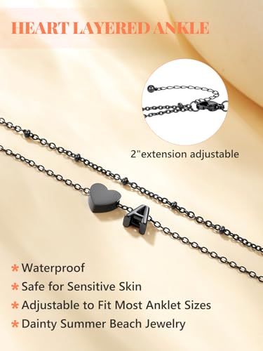 Ankle Bracelets for Women Waterproof 14K Gold/Silver/Black Initial Anklet for Women Dainty Layered Heart Ankle Bracelets Stainless Steel Adjustable Foot Chain Anklet Summer Beach Jewelry - color: W-Black