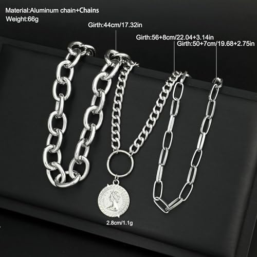 Layered Necklace Set Women - Cuban Paperclip Coin Pendant Silver | 3 pcs chunky stackable set, Trendy toggle clasp, Mixed link texture, Coin charm detail, Perfect layered jewelry gift - color: Silver