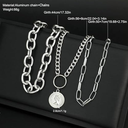 Layered Necklace Set Women - Cuban Paperclip Coin Pendant Silver | 3 pcs chunky stackable set, Trendy toggle clasp, Mixed link texture, Coin charm detail, Perfect layered jewelry gift - color: Silver