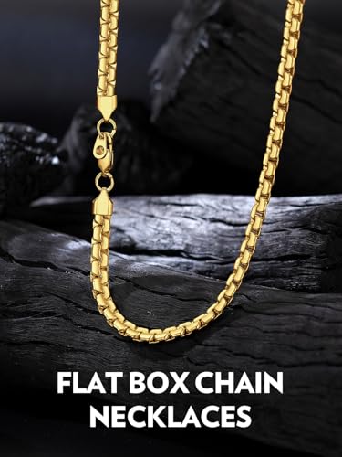 Bandmax Solid Stainless Steel Flat Box Link Chains 2MM/4MM/6MM/8MM Silver/Gold/Black Rolo Cable Chain Necklaces for Men Women 14"-30" Length, Gift Packed - color: 09 6MM-14K Gold Plated