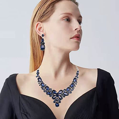 Women's Wedding Bridal Austrian Crystal Glass Teardrop Statement Necklace Dangle Earrings Bracelet Ring Wedding Party Jewelry Set for Bridal Bridesmaid - color: Blue-Platinum Plated