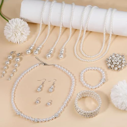 Pearl Jewelry Set for Women Faux Pearl Costume Jewelry Set with Necklace, Bracelets, Ring, Earrings for Wedding Bridal Birthday Tea Party - color: 8Pcs White