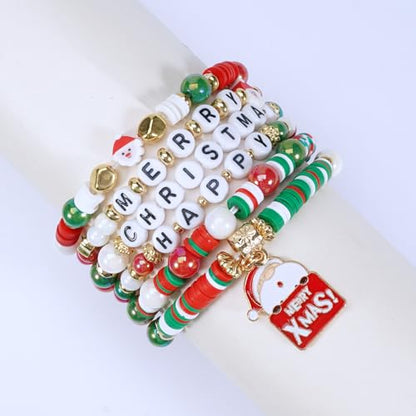 Ardorchid Halloween Bracelets for Women Pumpkin Ghost Steleton Bat Skull Beaded Stackable Stretchy Bracelet Rugby Thanksgiving Christmas Heishi Bracelets - color: Christmas Bracelets-5
