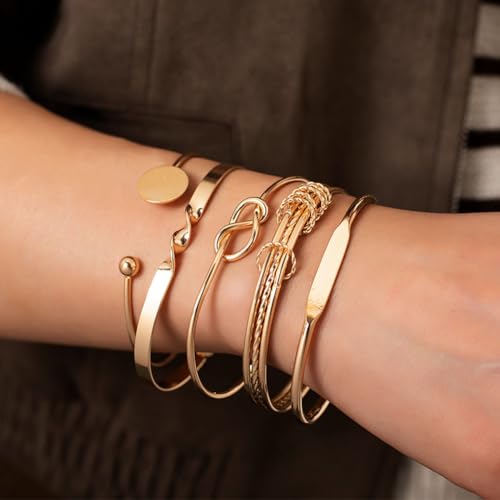 CHICUTIE Gold Bangles Bracelets For Women, 14k Gold Plated Stackable Open Cuff Bracelet Set Charms Trendy Lightweight Elegance Minimalist Textured Boho Jewelry Gift for Women - style: Gold 3
