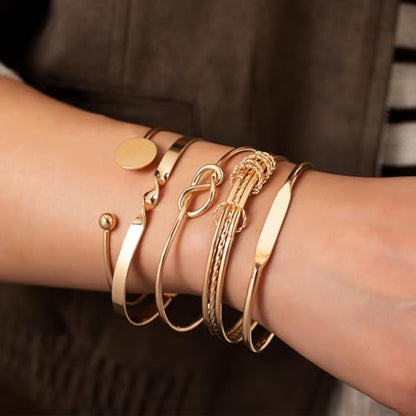 CHICUTIE Gold Bangles Bracelets For Women, 14k Gold Plated Stackable Open Cuff Bracelet Set Charms Trendy Lightweight Elegance Minimalist Textured Boho Jewelry Gift for Women - style: Gold 3