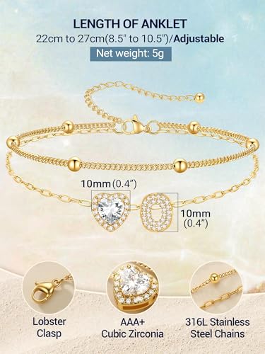 PROSTEEL Initial Ankle Bracelets for Women Waterproof, A-Z Gold/Silver Layered Anklets Adjustable, Summer Beach Gift Jewelry - color: Gold, size: O