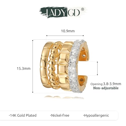 Sparkle Ear Cuff for Women, Non Piercing Single | 14K Gold Plated Brass, Clear Cubic Zirconia Accents, Fixed 3.8-3.9 mm Opening, Single Non-Piercing Cuff For Ear Stacks - style: Cubes Beaded