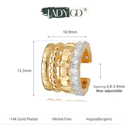 Sparkle Ear Cuff for Women, Non Piercing Single | 14K Gold Plated Brass, Clear Cubic Zirconia Accents, Fixed 3.8-3.9 mm Opening, Single Non-Piercing Cuff For Ear Stacks - style: Cubes Beaded