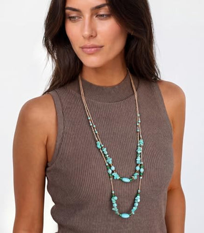 Noessla Boho Long Beaded Necklaces for Women Double Layer Chunky Irregular Stone Beads Strand Statement Jewelry Mothers Day Gifts - color: Turquoise
