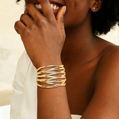 4Pcs Chunky Gold Cuff Bracelects for Women Gold Bangles Irregular Minimalist Statement Bangle Bracelets Set Open Wide Bangle Upper Arm Cuff Jewelry - color: Gold-B