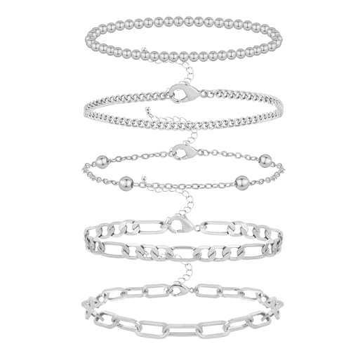 Wgoud Waterproof Gold Bracelets for Women Trendy, Dainty 14K Real Gold Plated Fashion Stackable Bracelet Sets for Women Thin Cuban Link Paperclip Chain Bracelets Layered Gold Jewelry Sets Gifts for Womens - color: 5Pcs Silver Bracelet
