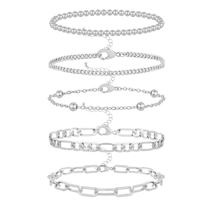Wgoud Waterproof Gold Bracelets for Women Trendy, Dainty 14K Real Gold Plated Fashion Stackable Bracelet Sets for Women Thin Cuban Link Paperclip Chain Bracelets Layered Gold Jewelry Sets Gifts for Womens - color: 5Pcs Silver Bracelet