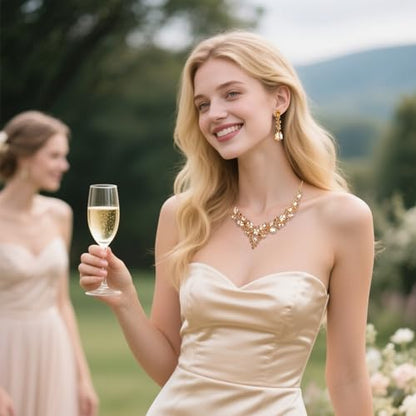 Women's Wedding Statement Necklace Dangle Earring Jewelry | Austrian Crystal Teardrop Cluster,Necklaces Earrings Set for Bride Bridesmaid,Prom Accessories - color: 12-Champagne Gold-Plated-Base