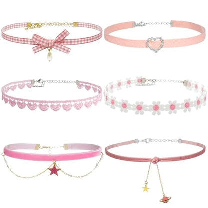 Nova&Aria Chokers Set For Women Heart Choker Necklaces Flower Pendant Velvet Cute Pink Turquoise Blue White Black Choker Necklace Christmas Colorful Lace Chokers - color: Pink-A