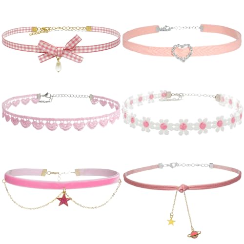 Nova&Aria Chokers Set For Women Heart Choker Necklaces Flower Pendant Velvet Cute Pink Turquoise Blue White Black Choker Necklace Christmas Colorful Lace Chokers - color: Pink-A