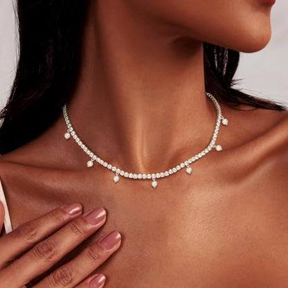 Luxval Tennis Necklace 14K Gold Plated Rhinestone Butterfly Choker Necklaces for women Dainty Zirconia Cut Faux Diamond chain 3mm - color: Silver-Pearl dangle tennis