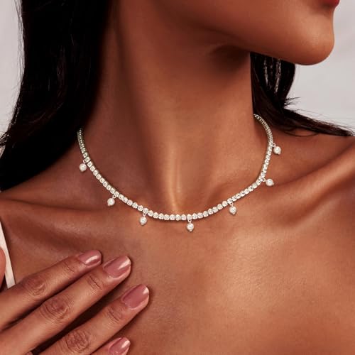Luxval Tennis Necklace 14K Gold Plated Rhinestone Butterfly Choker Necklaces for women Dainty Zirconia Cut Faux Diamond chain 3mm - color: Silver-Pearl dangle tennis
