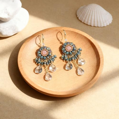 Fringe Dangling Tassel Earrings for Women, Handcrafted Chandelier Long Bohemian Beaded Cubic Zirconia Crystal Imitation Pearls Inlay Statement Boho Chain Hook Earrings for Wedding Party - color: Pink Blue Drop
