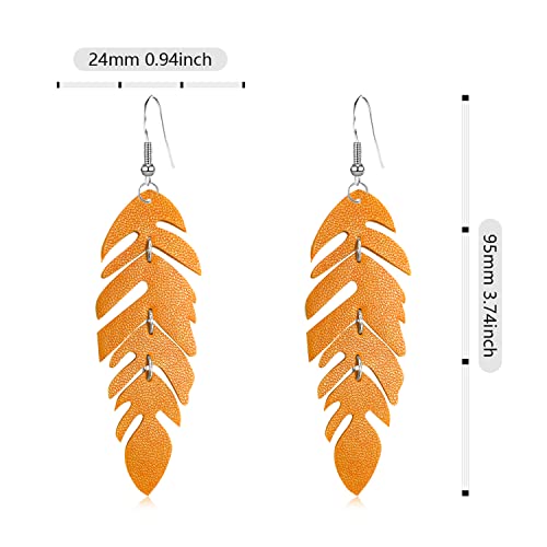 Handmade Unique Lightweight Bohemian Genuine Leather Leaf Dangle Drop Earrings Dainty Sparkly Chain Feather Hook Earring for Women Statement - color: Orange