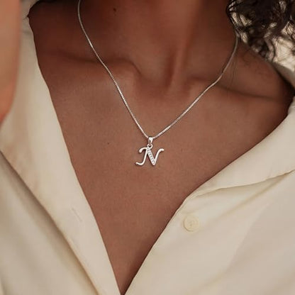 Initial Necklace for Women, 14K Gold Silver Plated Box Chain Letter Pendant, Trendy Name Necklace, Dainty Personalized Charm Jewelry Gift for Her - color: Silver, style: N