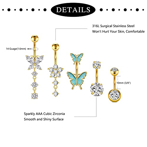 Incaton 14G Belly Button Rings, Stainless Steel Diamond Belly Rings For Women, Dangle Belly Button Rings With Butterfly, 6mm Short & 10mm Bar Navel Piercings - color: Gold 10mm