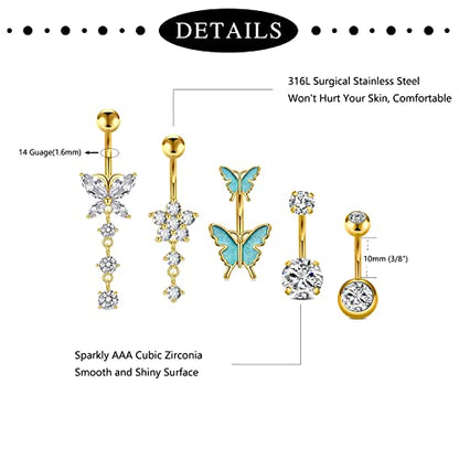 Incaton 14G Belly Button Rings, Stainless Steel Diamond Belly Rings For Women, Dangle Belly Button Rings With Butterfly, 6mm Short & 10mm Bar Navel Piercings - color: Gold 10mm