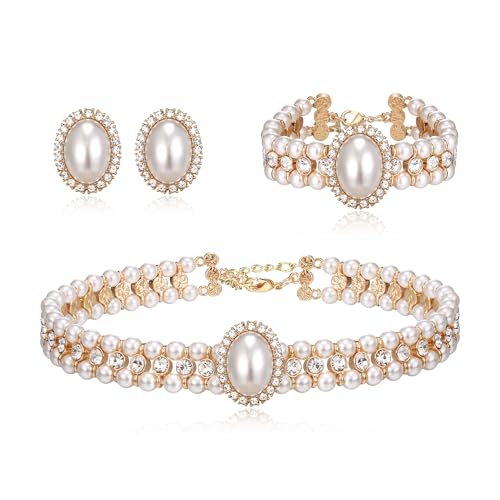 BriLove 1920s Costume Jewelry Set for Women,Vintage Multilayer Simulated Pearl Crystal Necklace Bracelet Earrings Cosplay Party Accessories - style: Stud