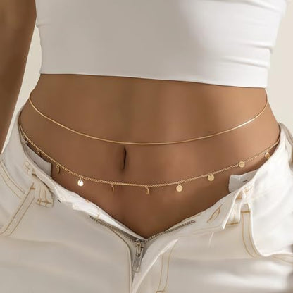 14K Gold Plated Waist Chain for Women, Layered Belly Body Chain | 2Pcs Adjustable Fit, Layered Design, Dainty Chain Styles, Bikini, Dress & Rave Outfits, Beach, Festival & Vacation - color: Gold-Plated 4