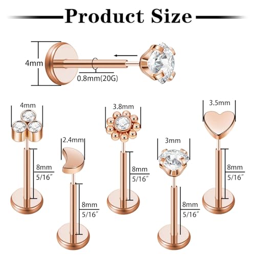 Uni-J 10pcs 20G/18G/16G Threadless Push-in Tragus Conch Cartilage Flat Back Helix Labret Monroe Lip Ring Daith Piercing Jewelry - color: 20G Rose Gold 8mm