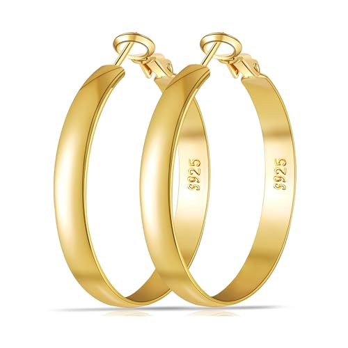 EXGOX 5mm Wide Gold Hoop Earrings for Women,Sterling Silver Hoop Earrings Large Silver Hoop Earrings Hypoallergenic Lightweight 14K Real Gold Plated Big Hoop Earrings for Women 30/40/50/60/70mm - color: 8MM-Gold Hoop-50mm