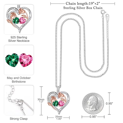 Iefil Birthstone Necklace for Women - Rose Heart Necklace | 925 Sterling Silver, Gift Box Packaging, Anniversary Birthday Gifts for Wife Mom Daughter - color: 05-10-May-Oct Birthstone