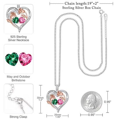 Iefil Birthstone Necklace for Women - Rose Heart Necklace | 925 Sterling Silver, Gift Box Packaging, Anniversary Birthday Gifts for Wife Mom Daughter - color: 05-10-May-Oct Birthstone