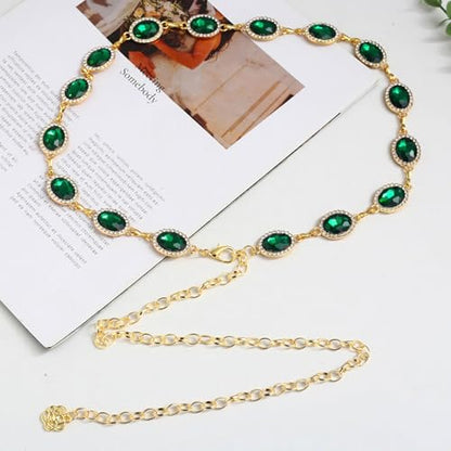 Womens Chain Belt with Jewelry Inlaid Thin Waistband Fashion Waist Belts for Dress Jeans - color: Green