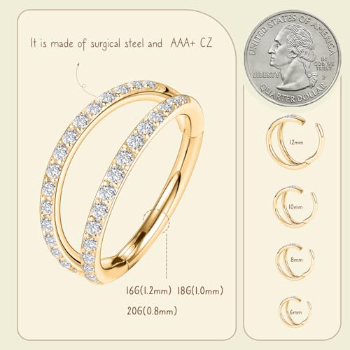 AROWRO Conch Piercing Jewelry Nose Rings Hoops Septum Cartilage Helix Rook | Surgical Steel Gold Silver Cartilage Earrings for Women Tragus Helix Piercing Jewelry 16G 18G 20G With Cubic Zirconia Opal - color: Gold-D1 Clear CZ, size: 16G(1.2mm)-6mm