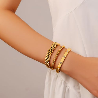 18K Gold Plated Bangle Bracelet Set for women,Cubic Zirconia Classic Stainless Steel Adjustable Gold Tennis Love Bracelets Stack for women and men - color: Wristband Beads Set