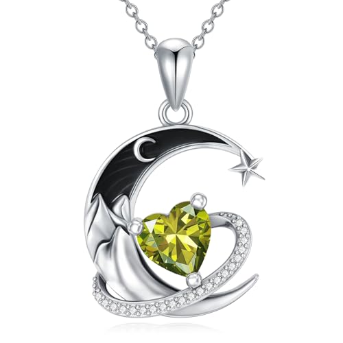 I Love You to the Moon and Back Necklace 925 Sterling Silver Black Crescent Moon Star Pendant with Heart Birthstone Necklace Anniversary Gothic Jewelry Gifts for Women Wife Lovers - color: 08-Aug-Peridot