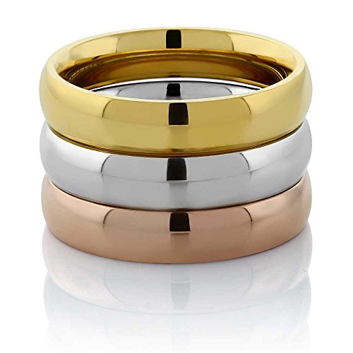Gem Stone King Stainless Steel Set of 3 Band Ring | Three Rose Yellow Gold & Silver Tri-Color Stacking Set of 3 Band Ring | Available In Size 6, 7, 8, 9, 10, 11, 12