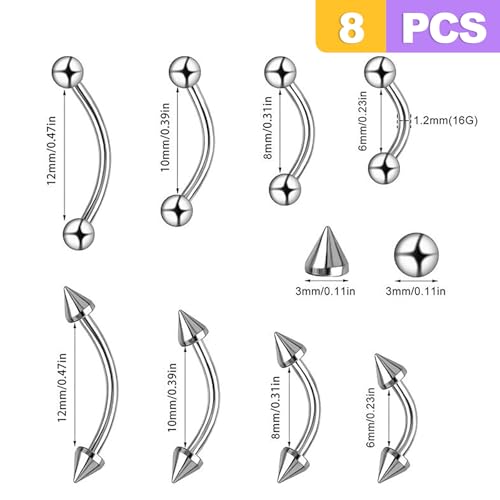 8 PCS 16G Curved Barbell 6mm 8mm 10mm 12mm Steel Eyebrow Rings Rook Daith Helix Cartilage Earring Vertical Labret Lip Piercing Jewelry Unisex