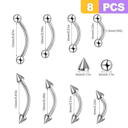 8 PCS 16G Curved Barbell 6mm 8mm 10mm 12mm Steel Eyebrow Rings Rook Daith Helix Cartilage Earring Vertical Labret Lip Piercing Jewelry Unisex