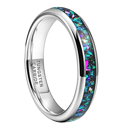 TUTISS 4mm Silver/Black Tungsten Rings for Women Men Engagement Wedding Bands Genuine Blue Green Galaxy Opal Inlay Domed Polished Comfort Fit - color: 4mm Tungsten Galaxy Opal
