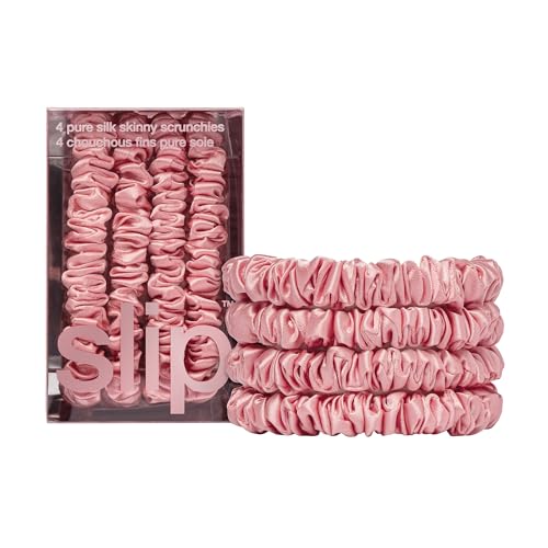 Slip Silk Hair Ties — Skinny Silk Rose Scrunchies, No Damage, No Crease, Anti-Breakage |100% Mulberry Silk | All Hair Types | Made with Proprietary Slipsilk™ | Set of 4 - color: Rose