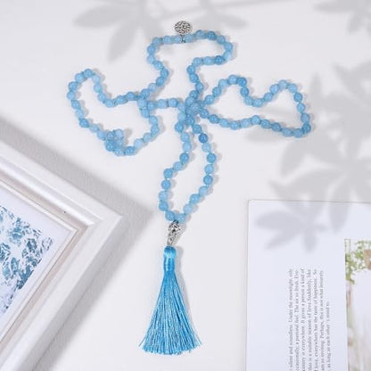 108 Mala Beads Necklace Semi-Precious Gem Stones Meditation Necklace 108 Hand Knotted Japa Mala Beaded Tassel Necklace with Tree of Life Pendant - color: Aquamarine