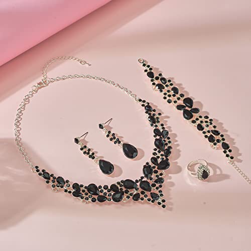 Paxuan Crystal Bridal Wedding Jewelry Sets for Women Rhinestone Teardrop Crystal Statement Choker Necklace Drop Earrings Link Bracelets Rings Teardrop Jewelry Set for Brides Bridesmaids - color: Black