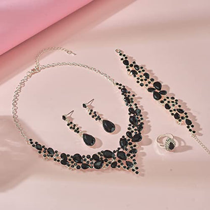 Paxuan Crystal Bridal Wedding Jewelry Sets for Women Rhinestone Teardrop Crystal Statement Choker Necklace Drop Earrings Link Bracelets Rings Teardrop Jewelry Set for Brides Bridesmaids - color: Black